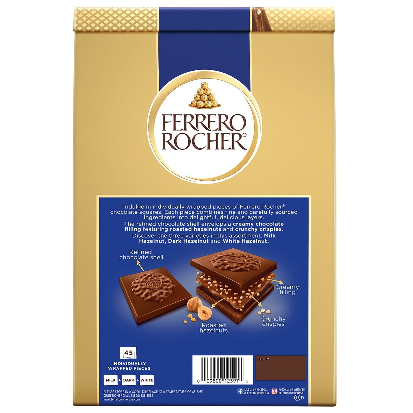 Ferrero Rocher Assorted Chocolate Squares with Hazelnut and Crunchy Crispies, 16.6 oz.