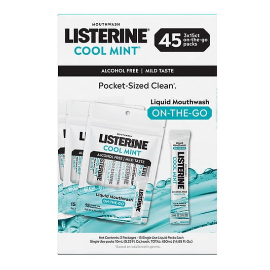 Listerine On-The-Go Cool Mint Mouthwash Sachets, Alcohol Free, 45 ct.