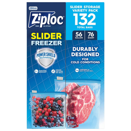 Ziploc Brand Gallon & Quart Freezer Slider Bags, Power Shield Technology for More Durability, 132 ct.