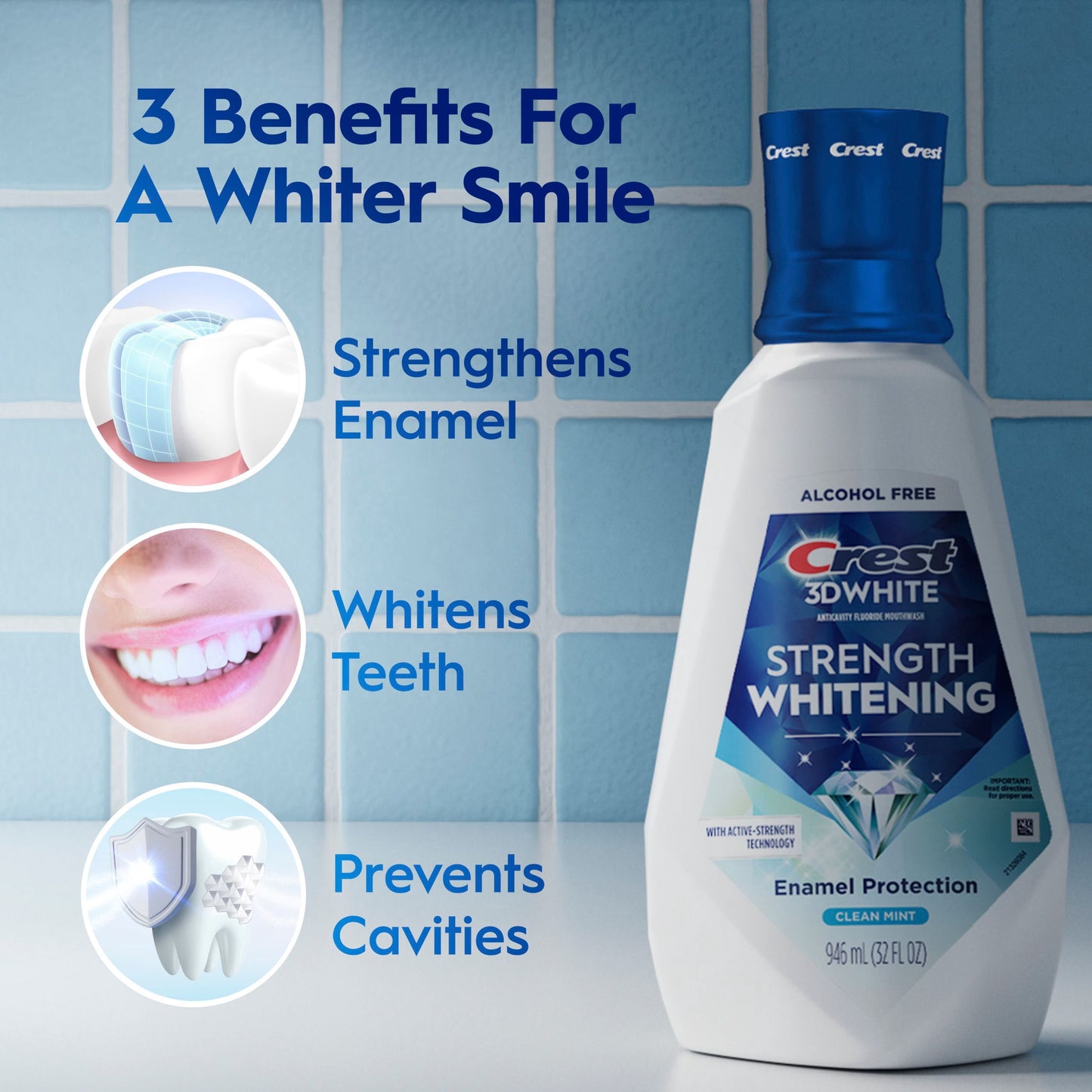 Crest 3D White Strength Whitening Mouthwash, Clean Mint, 32 fl. oz., 2 pk.