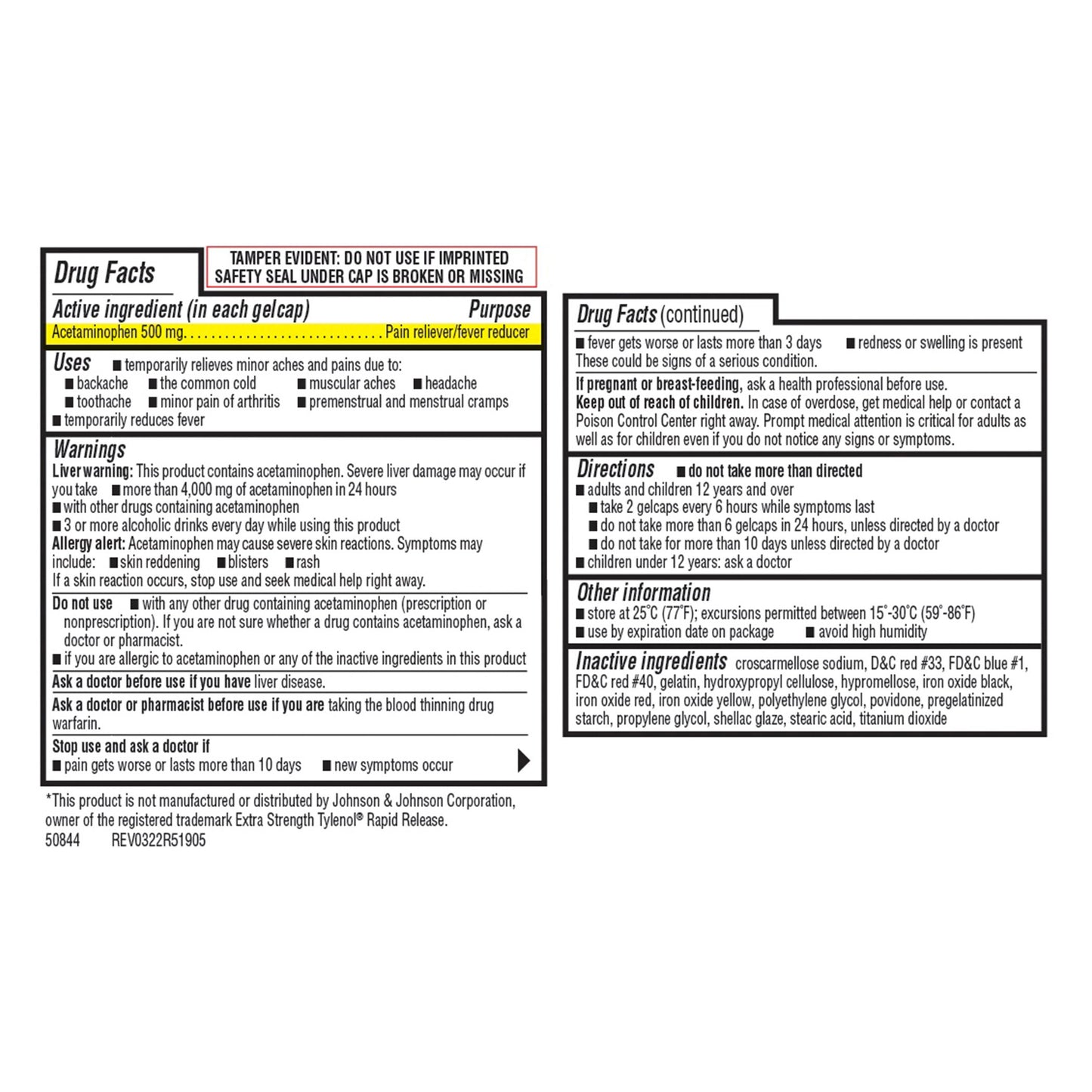 KIRKLAND SIGNATURE ACETAMINOPHEN 500MG GELCAPS 400 COT/NT • TYLENOL RAPID RELEASE