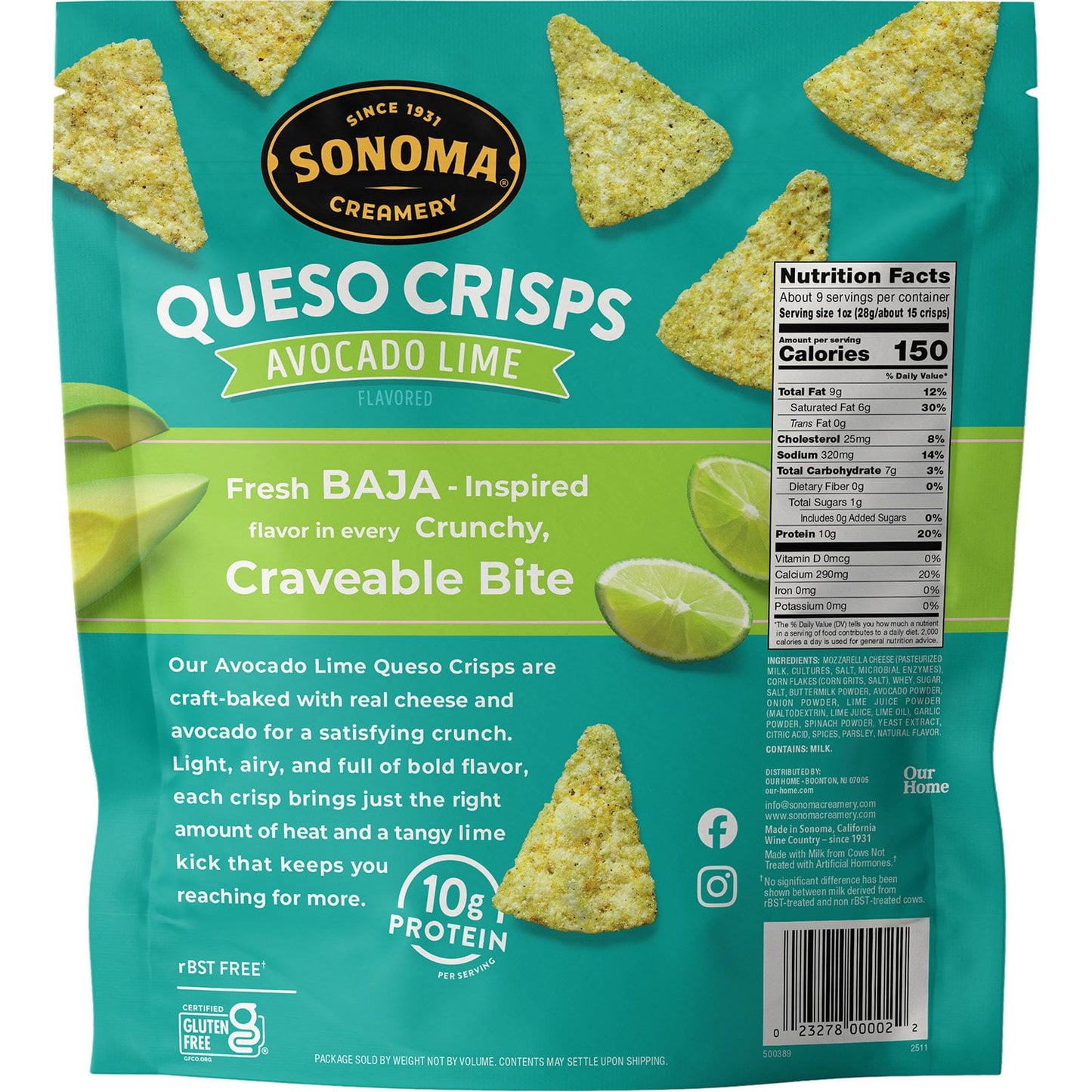 Sonoma Creamery Avocado Lime Flavored Queso Crisps 9.5 oz.