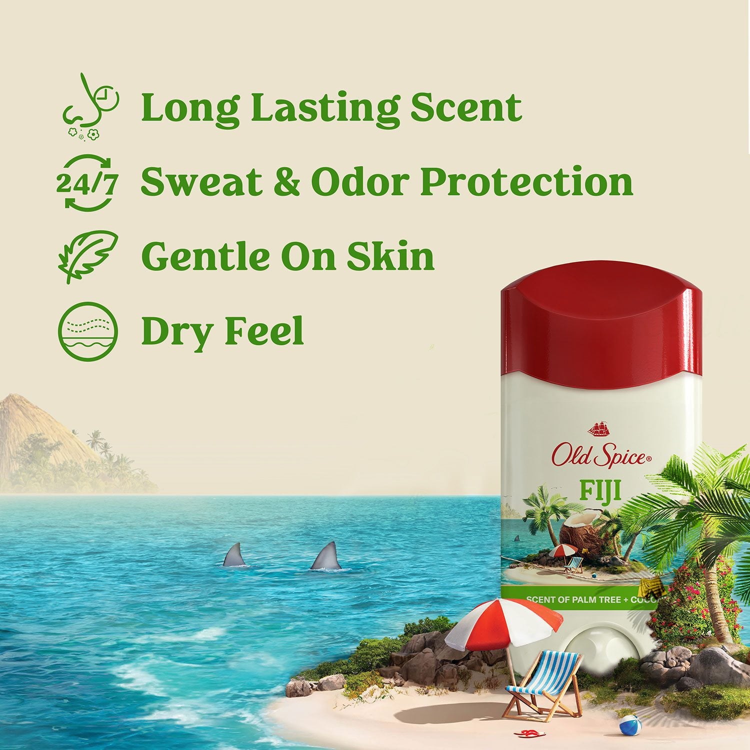 Old Spice Fiji Antiperspirant Deodorant, Palm Tree + Coconut, 2.6 oz., 4 pk.