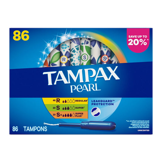 Tampax Pearl Tampons Trio Pack, Unscented, Regular, Super & Super Plus, 86 ct.