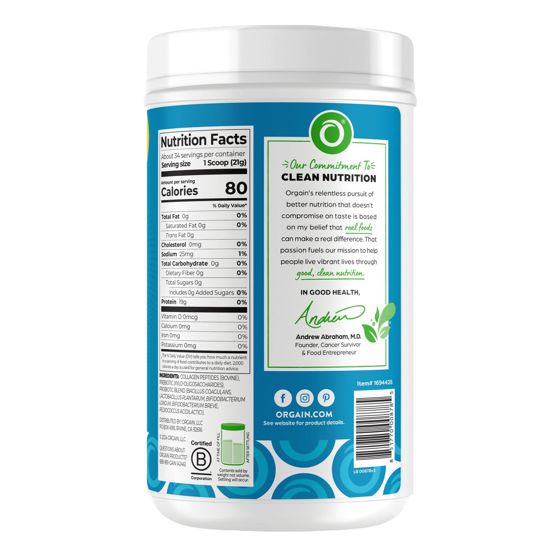 ORGAIN COLLAGEN + PROBIOTICS UNFLAVORED, 25.60Z