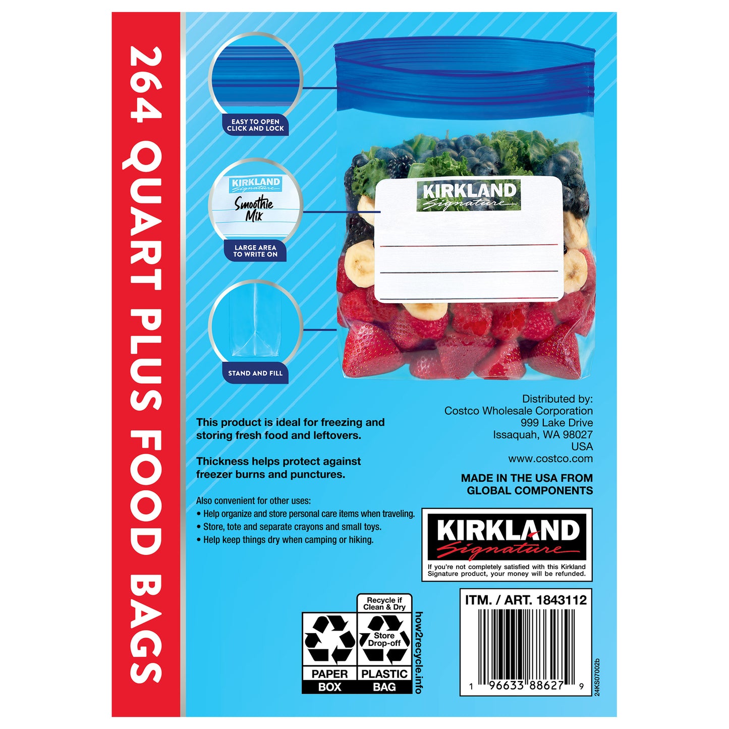 Kirkland Signature Freezer Storage Bags Quart Plus 264 ct