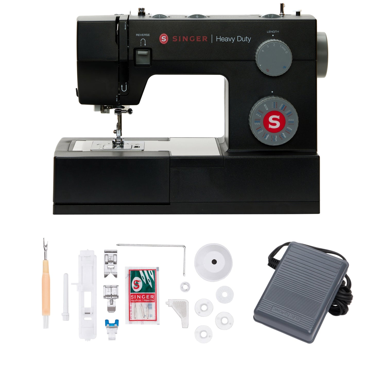 SINGER SEWING MACHINE HD8832 • 110 STITCH APPLICATIONS • BUILT IN NEEDLE THREADER • 32 BUILT IN STITCHES • 1 STEP BUTTONHOLE • 4 PRESSER FEET