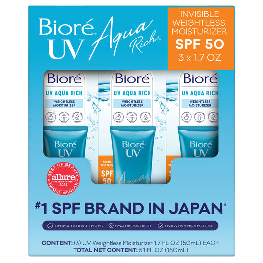 BIORE FACIAL MOISTURIZER • LIGHTWEIGHT, WATER-BASED • UVA/UVB PROTECTION • FORMULA •SPF50+PA++++ • NO WHITE CAST OR GREASY • HYDRATING AND IDEAL FOR