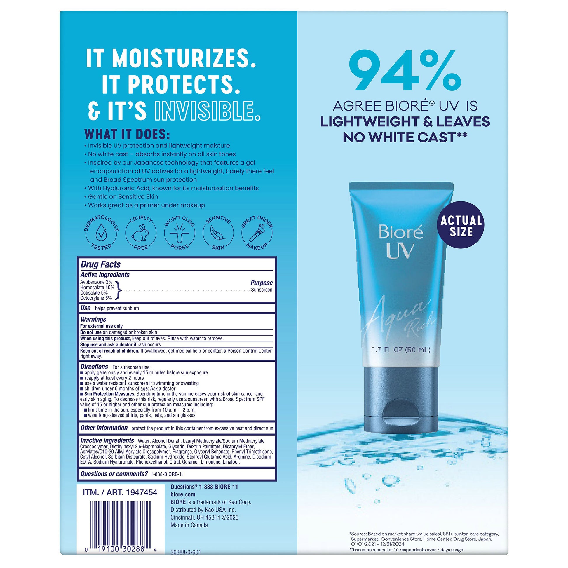 BIORE FACIAL MOISTURIZER • LIGHTWEIGHT, WATER-BASED • UVA/UVB PROTECTION • FORMULA •SPF50+PA++++ • NO WHITE CAST OR GREASY • HYDRATING AND IDEAL FOR