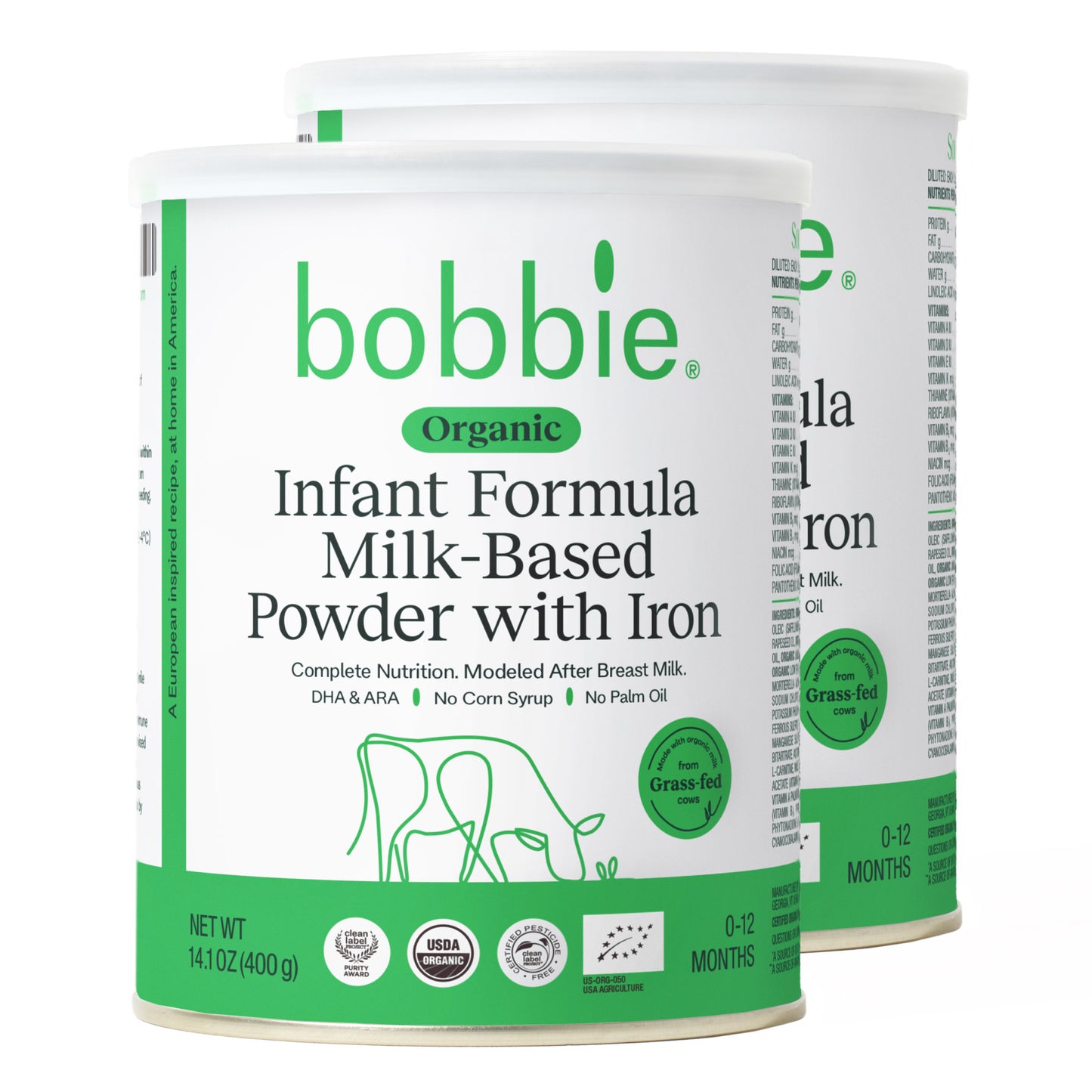 BOBBIE ORGANIC INFANT FORMULA 14.1 OZ, 2-PACK • CERTIFIED USDA ORGANIC • NO GROWTH HORMONES • MILK BASED POWDER W/ IRON • DHA & ARA • NO CORN SYRUP