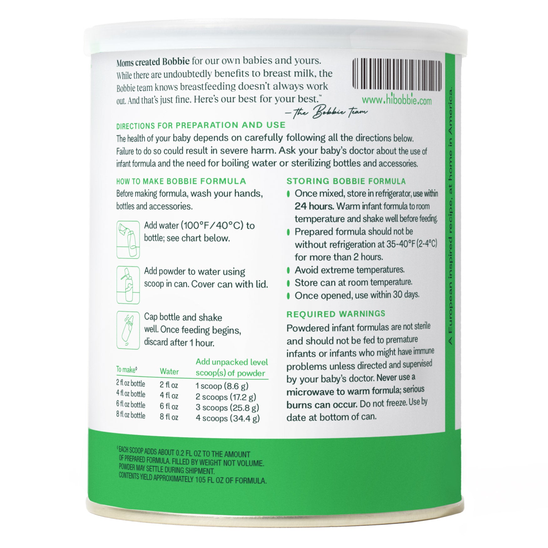 BOBBIE ORGANIC INFANT FORMULA 14.1 OZ, 2-PACK • CERTIFIED USDA ORGANIC • NO GROWTH HORMONES • MILK BASED POWDER W/ IRON • DHA & ARA • NO CORN SYRUP