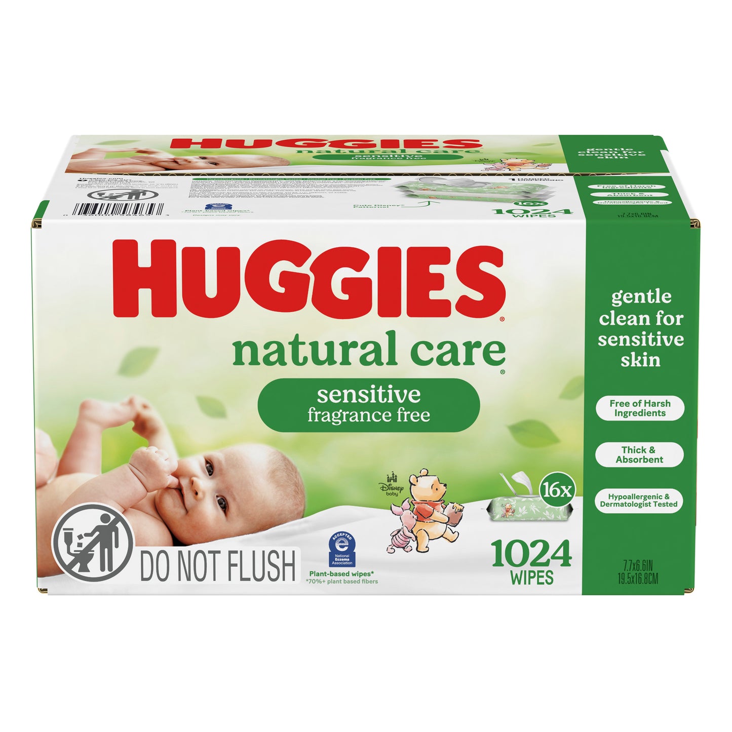 HUGGIES NATURAL CARE BABY WIPES, 1024CT • 16 FLIPTOP PKS: 64 WIPES • THICK & ABSORBENT • FRAGRANCE FREE • PARABEN FREE • HYPOALLERGENIC • NO HARSH INGREDIENTS