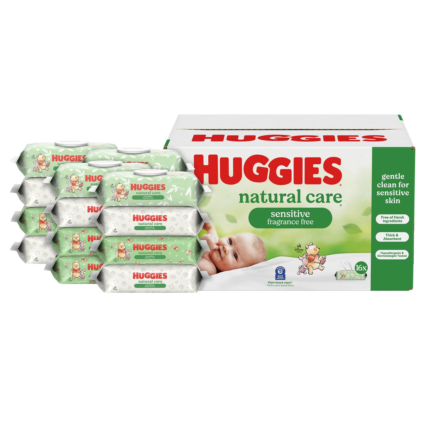 HUGGIES NATURAL CARE BABY WIPES, 1024CT • 16 FLIPTOP PKS: 64 WIPES • THICK & ABSORBENT • FRAGRANCE FREE • PARABEN FREE • HYPOALLERGENIC • NO HARSH INGREDIENTS