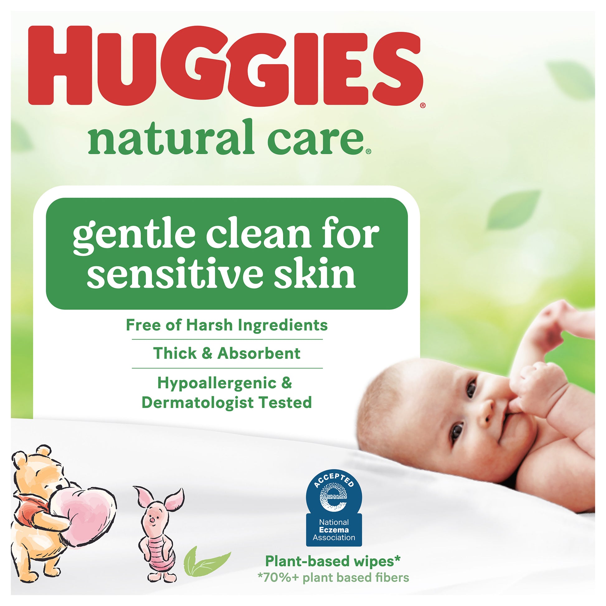 HUGGIES NATURAL CARE BABY WIPES, 1024CT • 16 FLIPTOP PKS: 64 WIPES • THICK & ABSORBENT • FRAGRANCE FREE • PARABEN FREE • HYPOALLERGENIC • NO HARSH INGREDIENTS