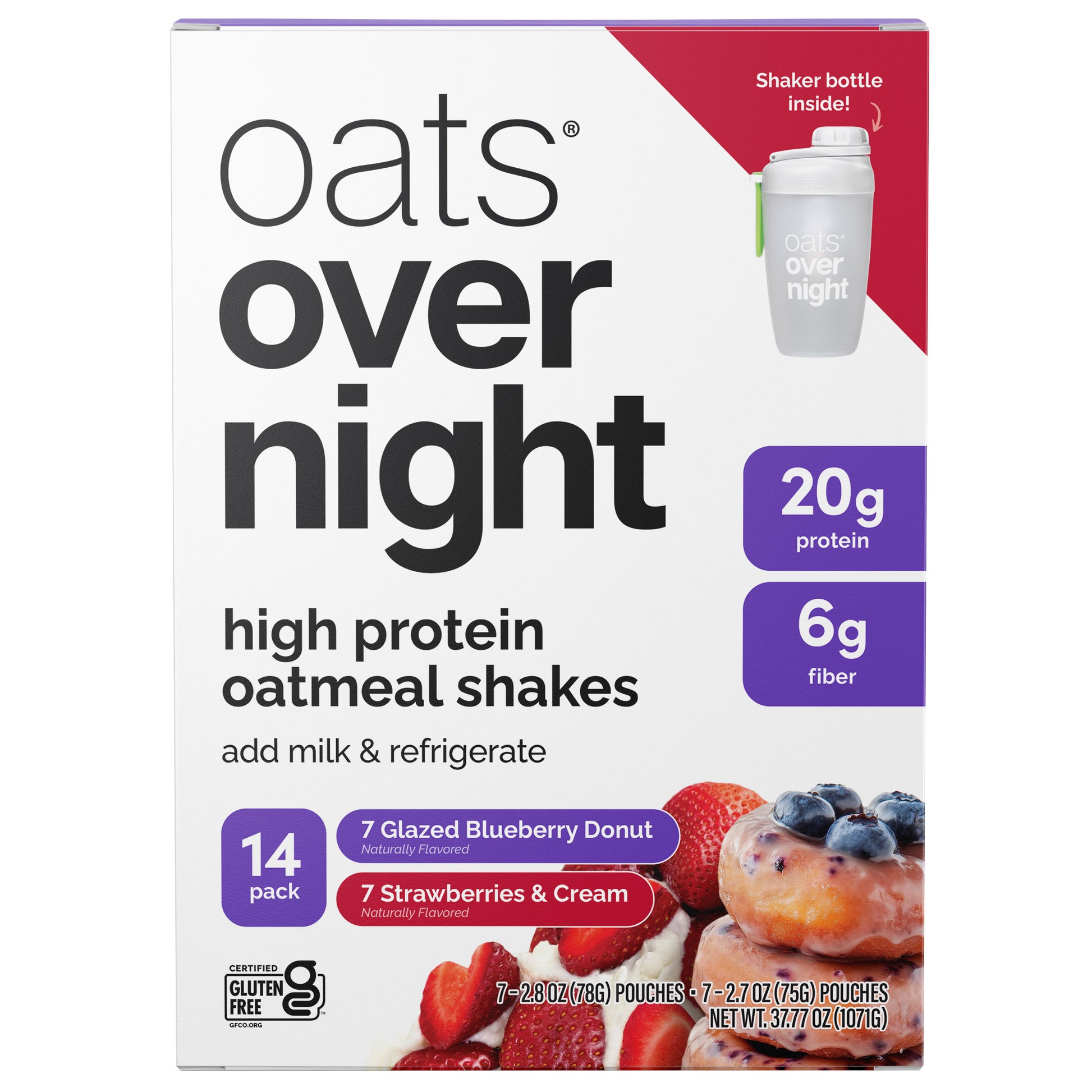 OATS OVERNIGHT HIGH PROTEIN OATMEAL 14 PACK, SHAKER BOTTLE