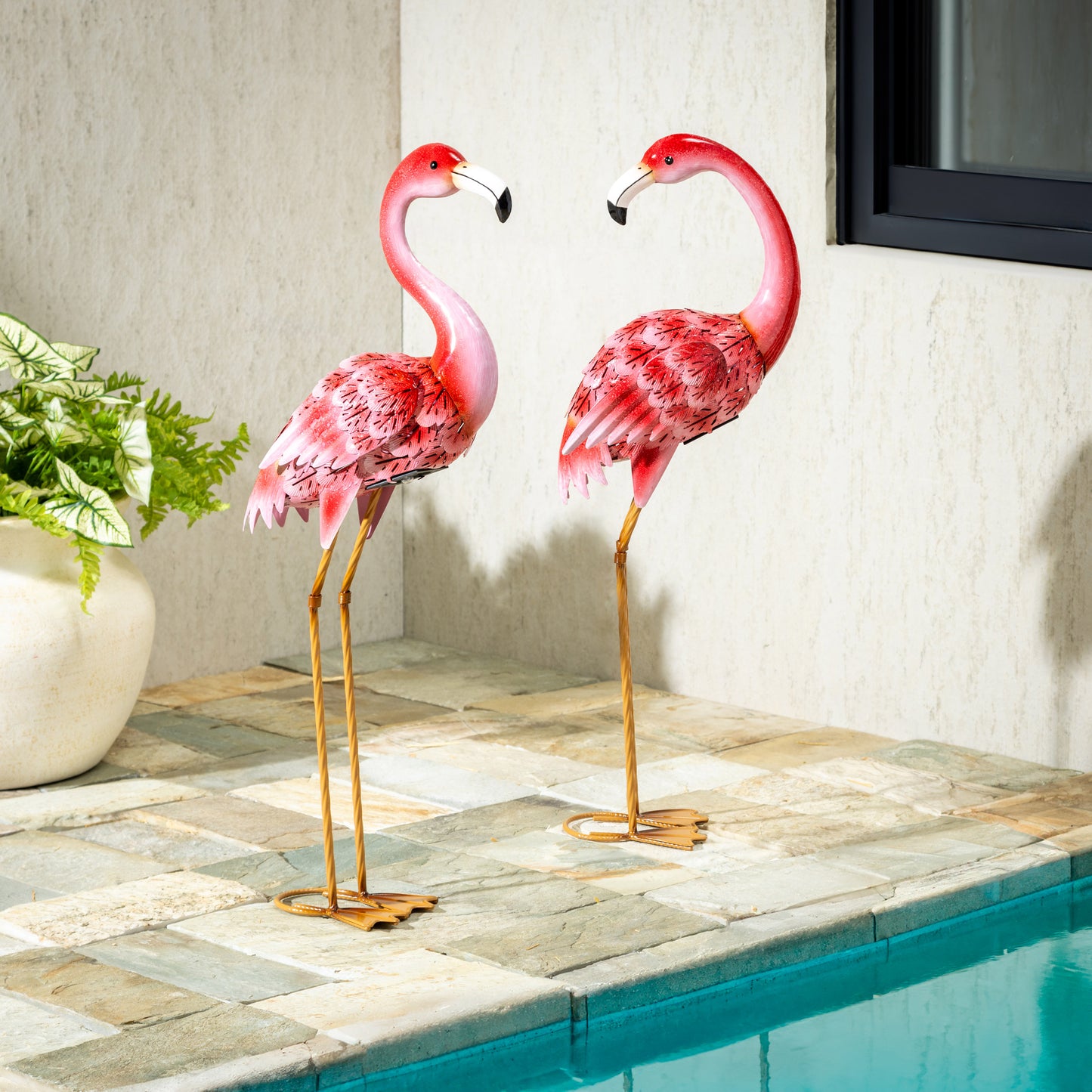 EVERGREEN SOLAR LED METAL FLAMINGO STATUE PAIR