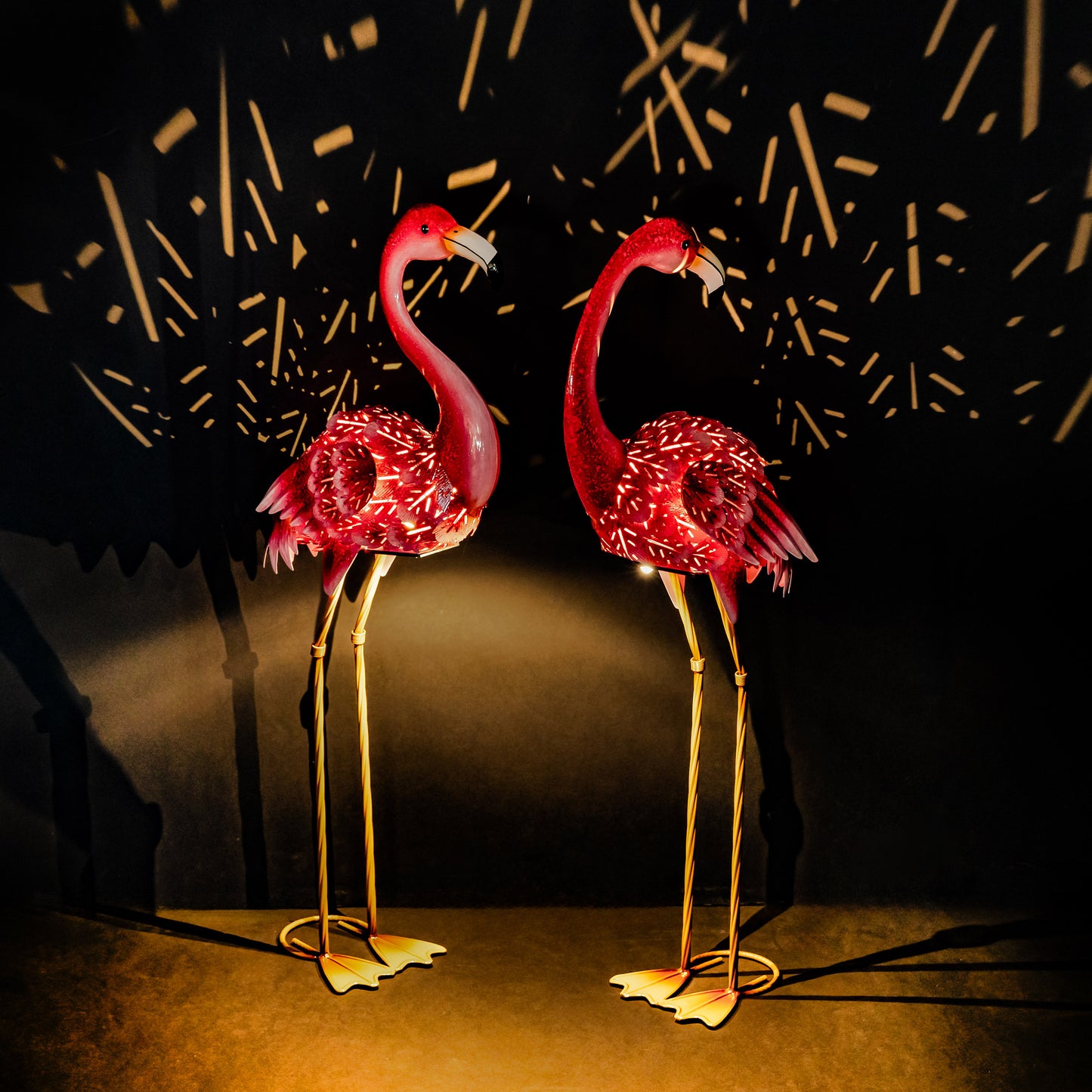 EVERGREEN SOLAR LED METAL FLAMINGO STATUE PAIR