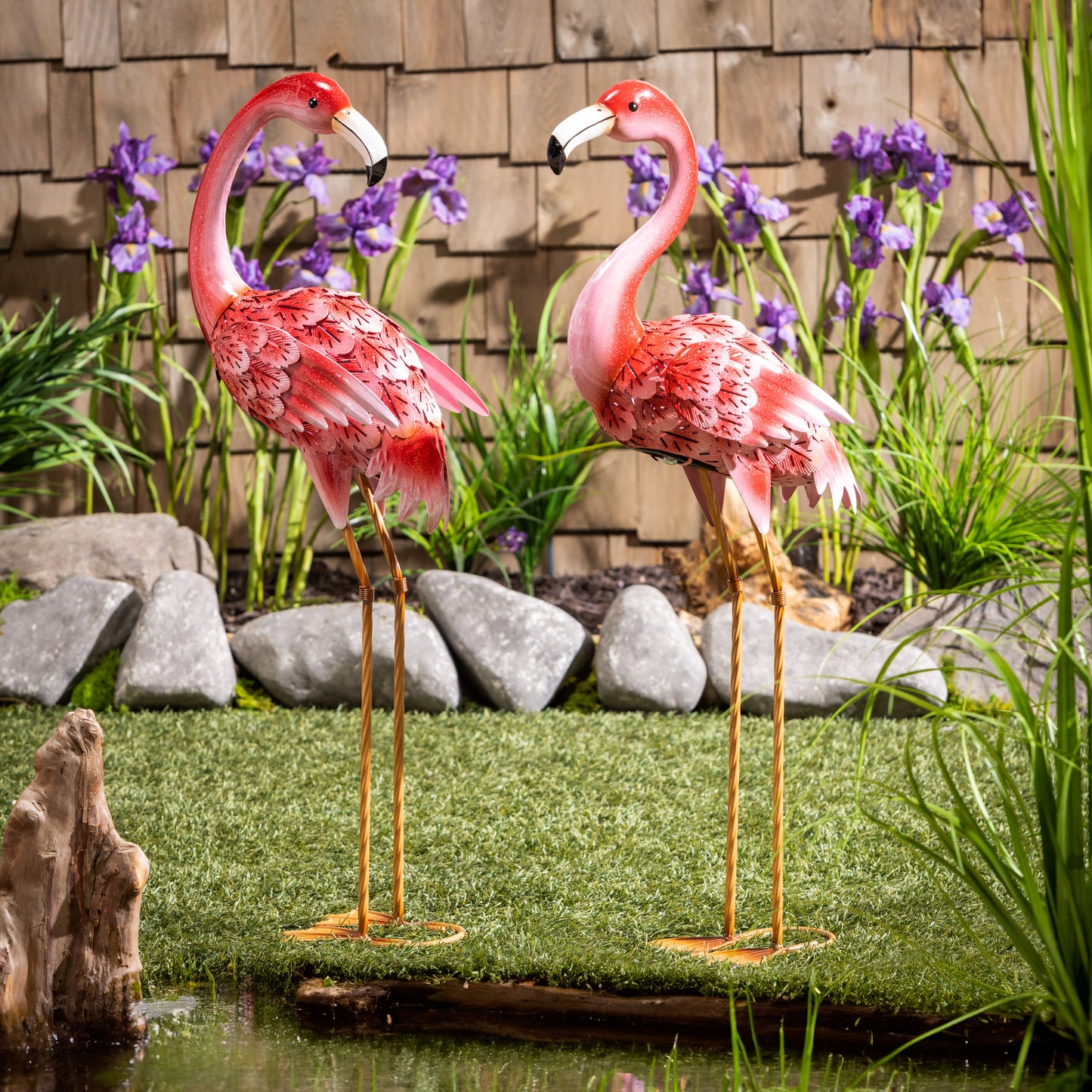 EVERGREEN SOLAR LED METAL FLAMINGO STATUE PAIR