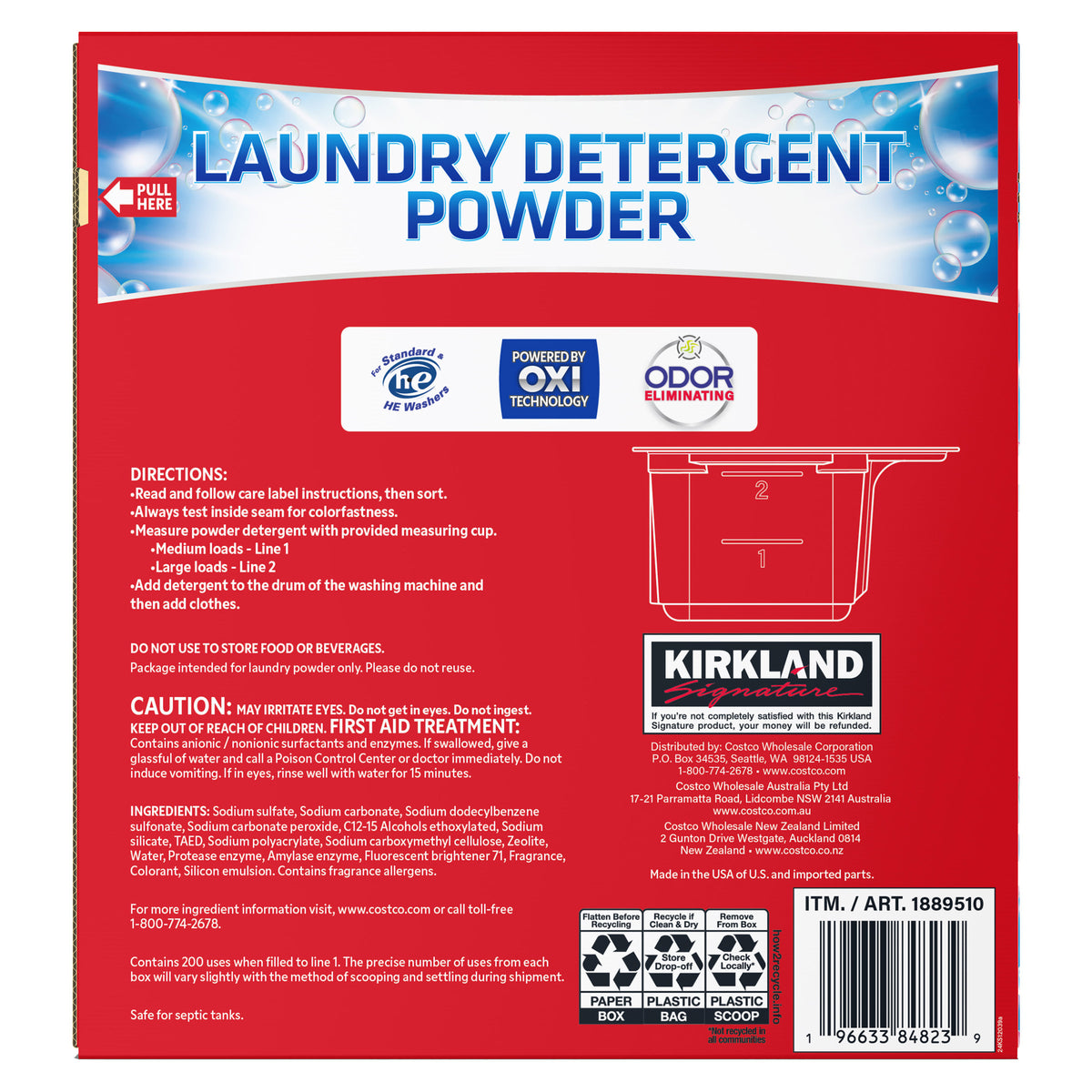 KIRKLAND SIGNATURE OXI LAUNDRY DETERGENT 200 LOADS/21.8 LB
