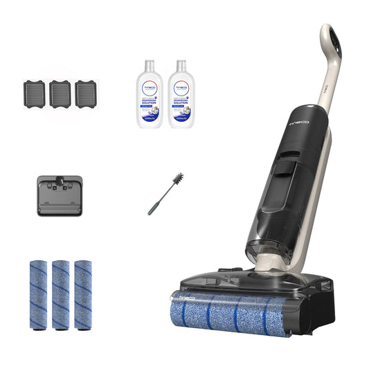 TINECO GO HAMMERHEAD CORDLESS ULTRA MOP & VAC • PET-READY • 3-IN-1 VAC AND MO? • ULTRA BUNDLE INCLUDES: WITH SELF-CLEA • 3 ROLLERS, 3 FILTERS • EASY REACH and 2 SOLUTIONS