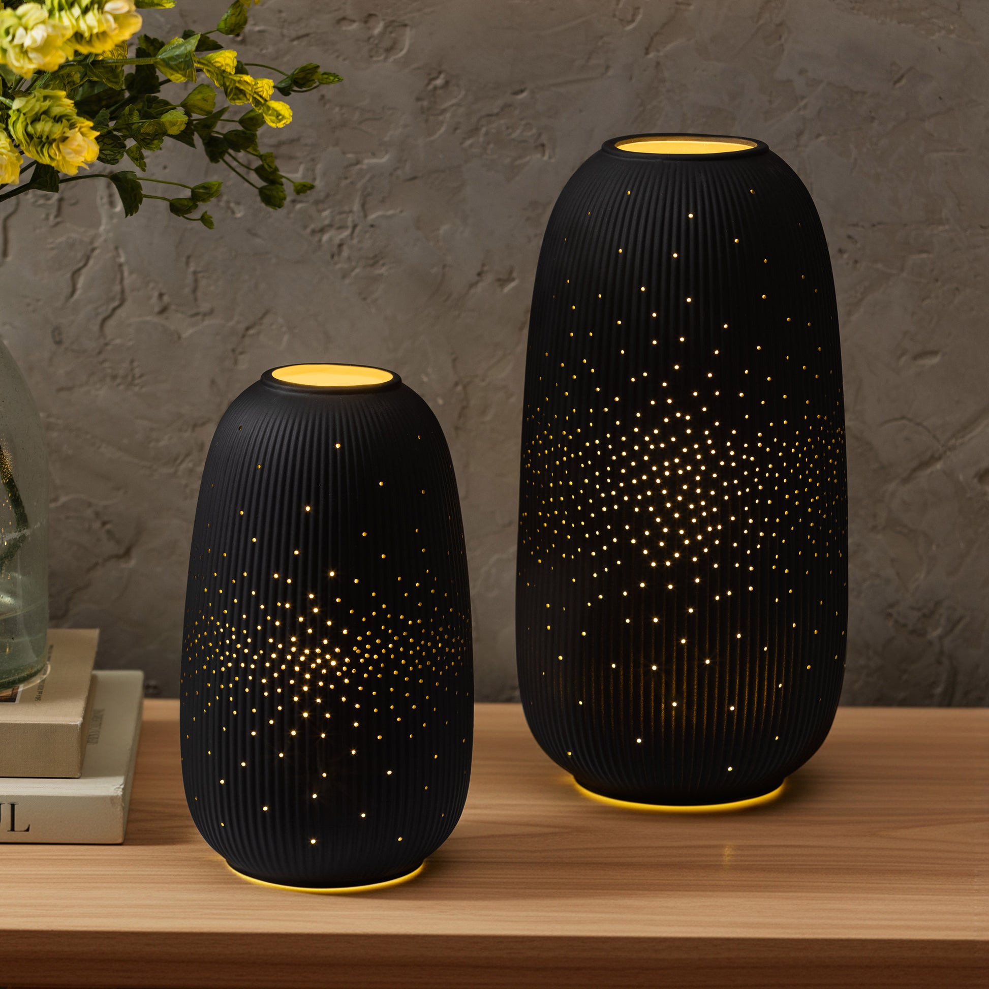 EVERGREEN LED PORCELAIN LANTERNS SET OF 2