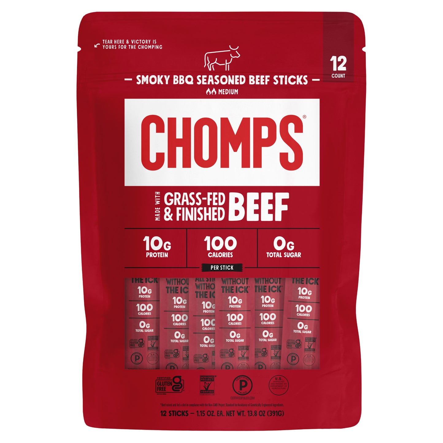 CHOMPS GRASS-FED SMOKEY BBQ BEEF STICKS 12/1.15 OZ
