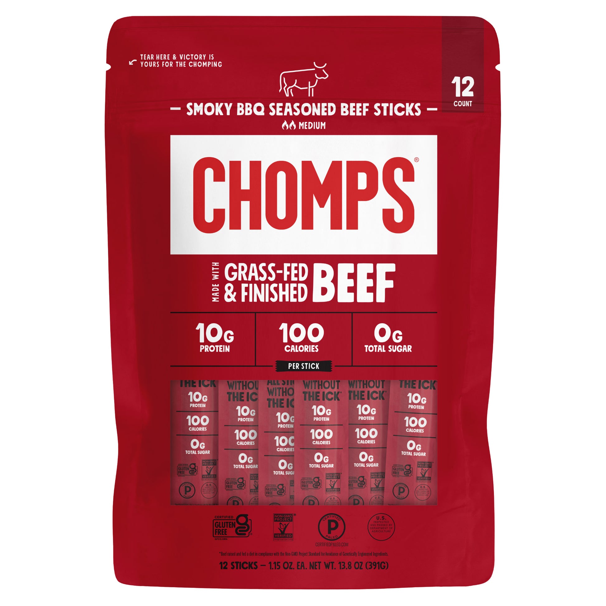 CHOMPS GRASS-FED SMOKEY BBQ BEEF STICKS 12/1.15 OZ
