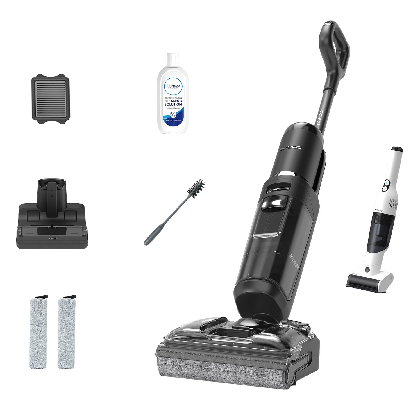 TINECO GO HAMMERHEAD CORDLESS ULTRA MOP & VAC • PET-READY • 3-IN-1 VAC AND MO? • ULTRA BUNDLE INCLUDES: WITH SELF-CLEA • 3 ROLLERS, 3 FILTERS • EASY REACH and 2 SOLUTIONS