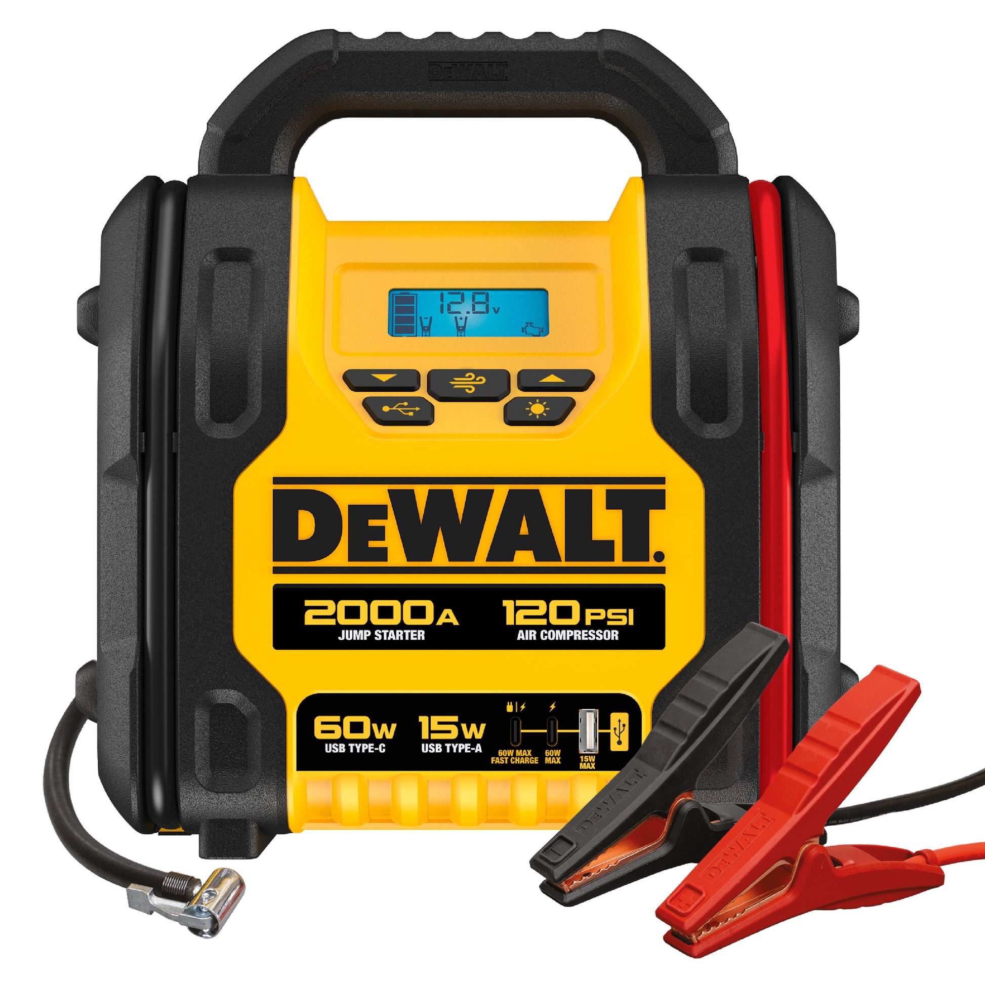 DEWALT 2000A LITHIUM JUMP STARTER/INFLATOR • 2-60W USB-C / 1-15W USB-A