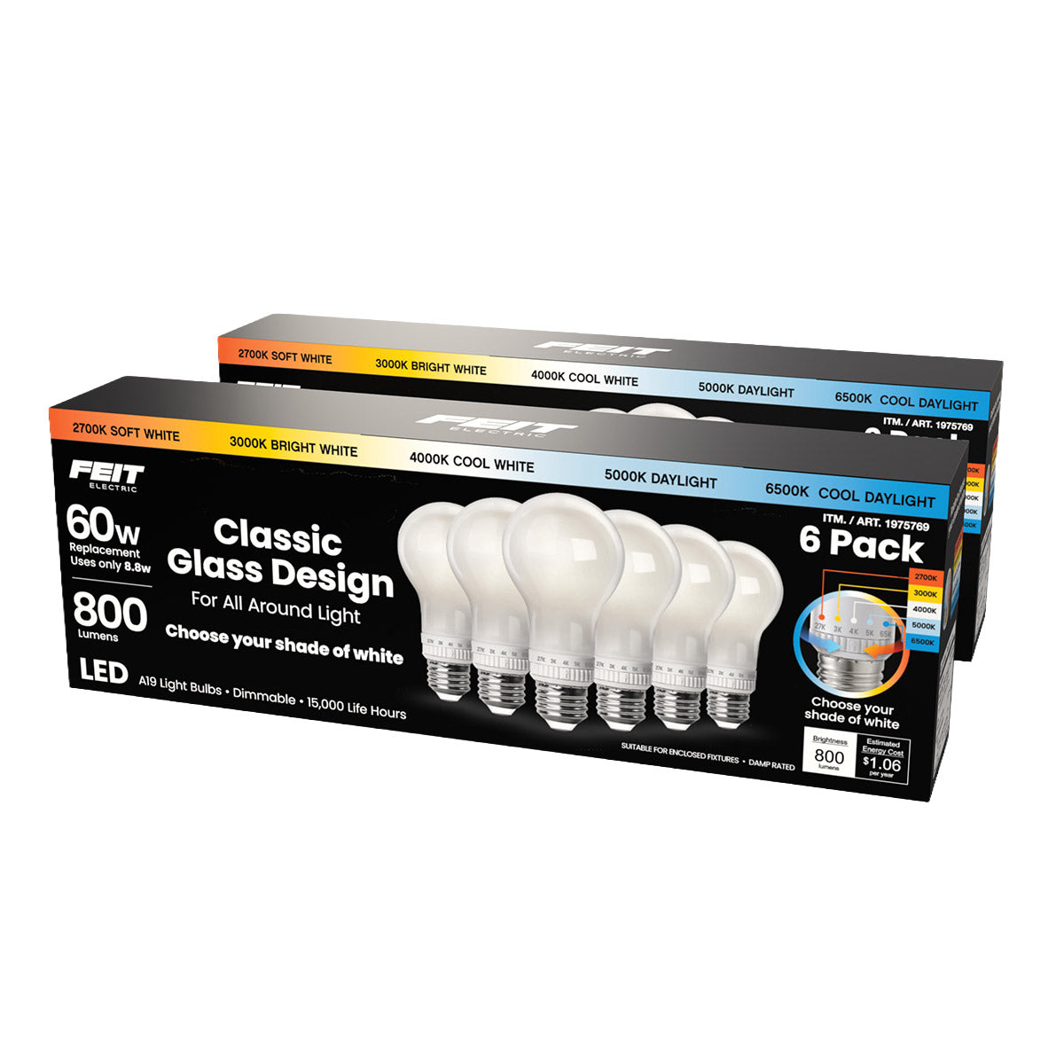 FEIT ELECTRIC 60W 5-CCT OMNI GLASS LED LIGHT BULB 6 PACK