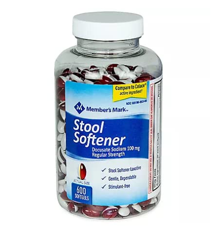 Member's Mark Stool Softener Regular Strength Docusate Sodium 100mg, 600 Softgels