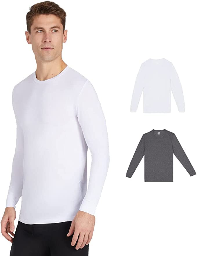 32 Degrees Men's 2-Pack Performance Lightweight Thermal Baselayer Crewneck Top, White/Charcoal Heather, Small