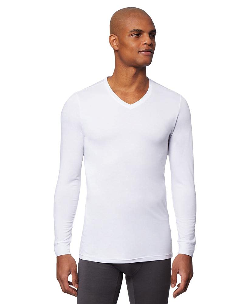 32 Degrees Heat Mens Performance Thermal Lightweight Baselayer Vneck Long Sleeve Top, White, X-Large