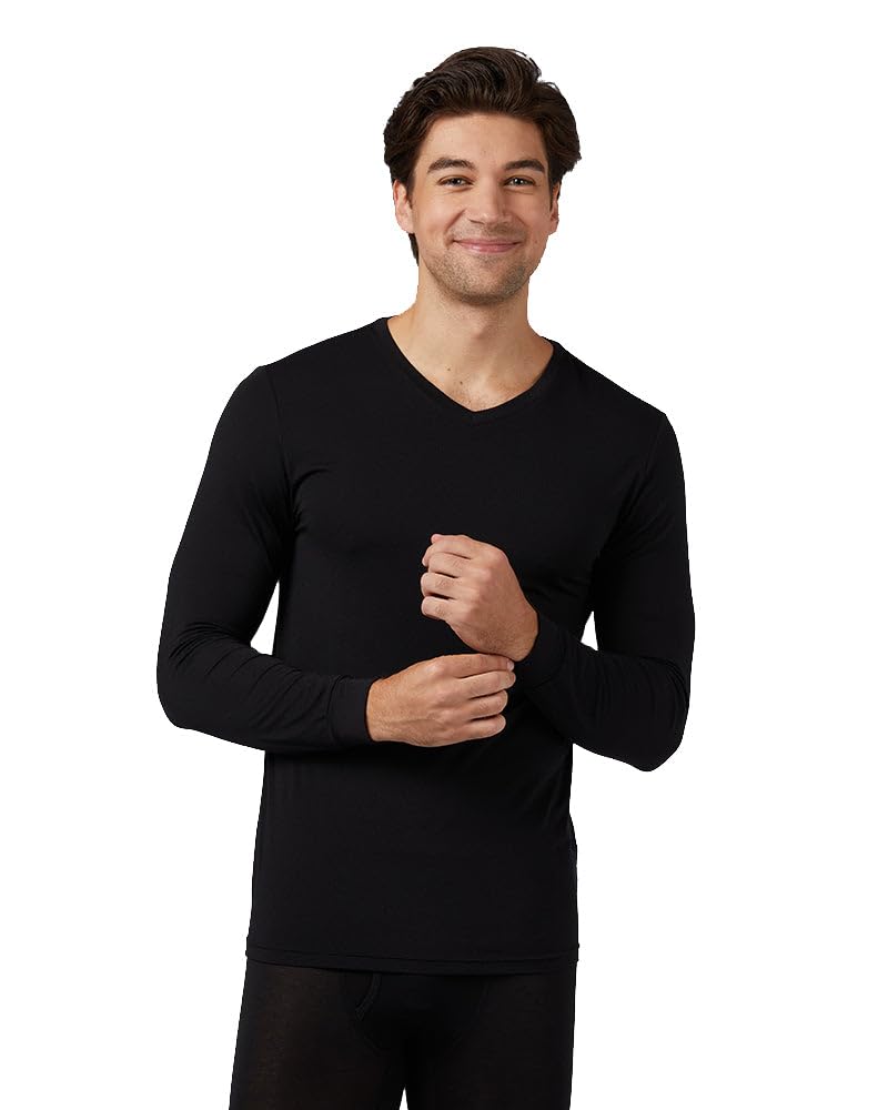 32 Degrees Men's Lightweight Baselayer V-Neck Top | Form Fitting | Long Sleeve | 4-Way Stretch | Thermal, Black, X-Large