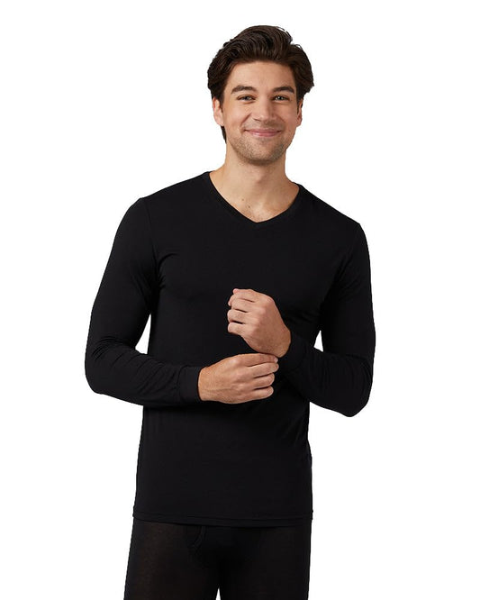 32 Degrees Men's Lightweight Baselayer V-Neck Top | Form Fitting | Long Sleeve | 4-Way Stretch | Thermal, Black, X-Large