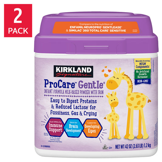 KIRKLAND SIGNATURE PROCARE GENTLE FORMULA • FOR LACTOSE SENSITIVITY DUAL HMO NON-GMO 42OZ • DHA & LUTEIN SUPPORT • 2'-FL AND LNnt HMOS • MILK BASED POWDER W/ IRON • NON GMO CERT KOSHER/HALAL