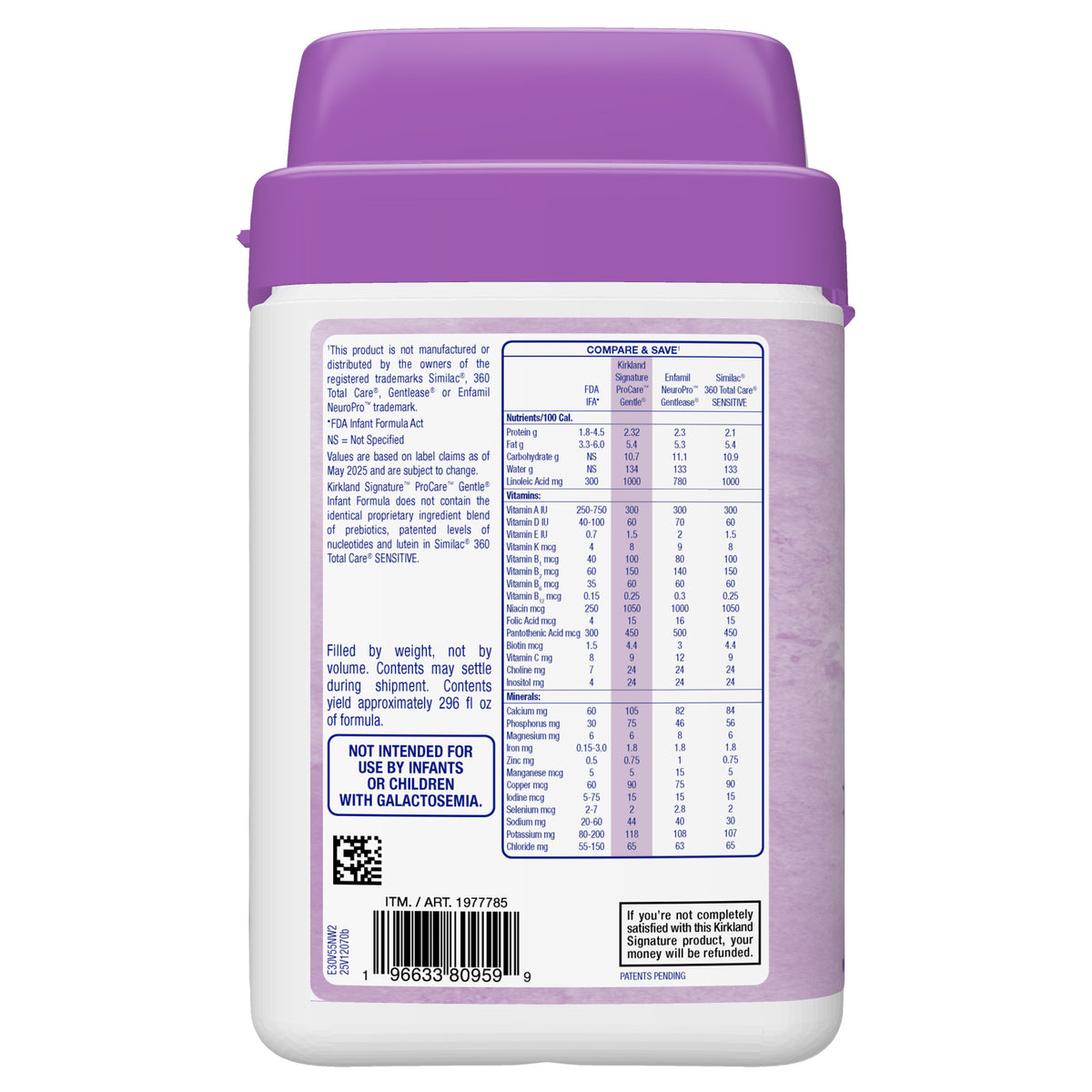 KIRKLAND SIGNATURE PROCARE GENTLE FORMULA • FOR LACTOSE SENSITIVITY DUAL HMO NON-GMO 42OZ • DHA & LUTEIN SUPPORT • 2'-FL AND LNnt HMOS • MILK BASED POWDER W/ IRON • NON GMO CERT KOSHER/HALAL