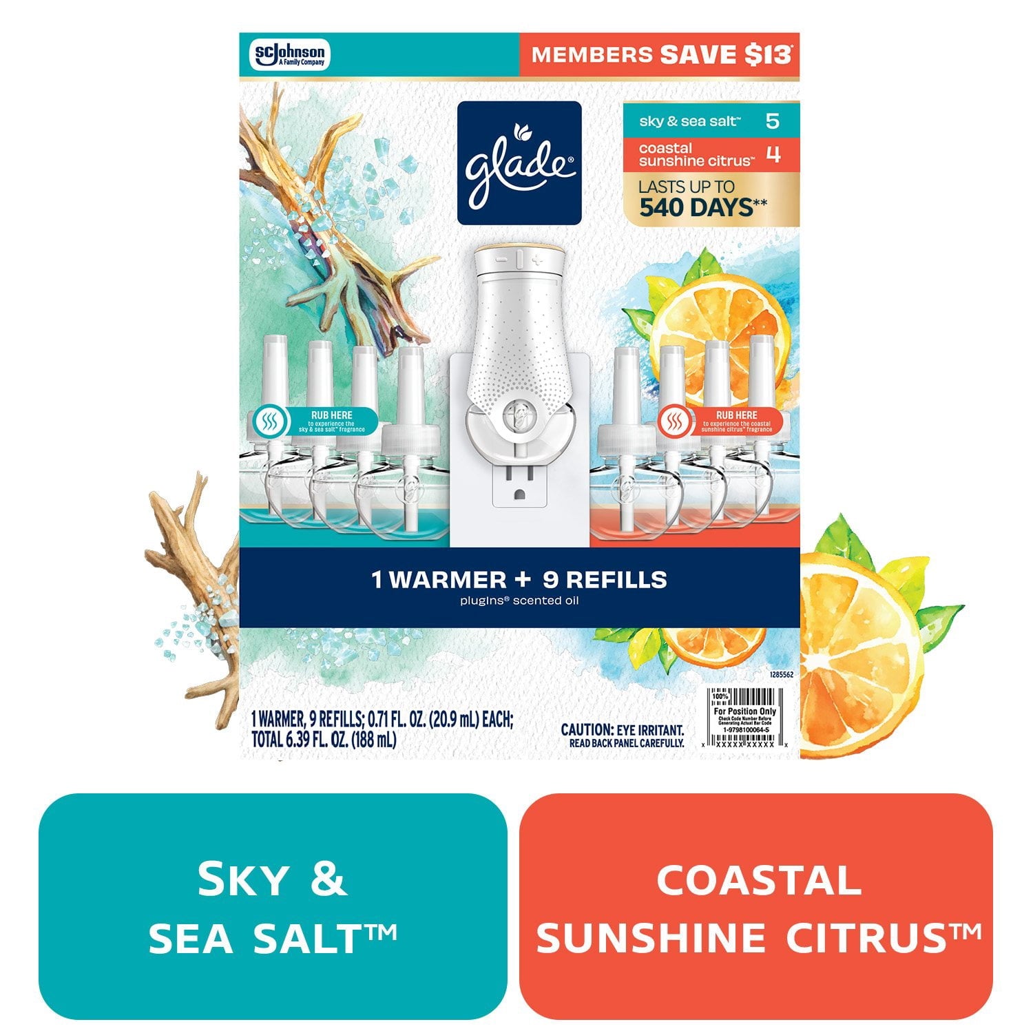 Glade PlugIns Scented Oil, Sky & Sea Salt with Coastal Sunshine Citrus, 1 Warmer + 9 Refills