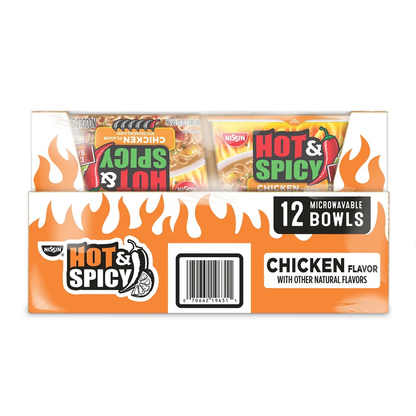 Nissin Hot and Spicy Ramen Noodle Soup Bowl, Chicken Flavor, 3.32 oz., 12 pk.