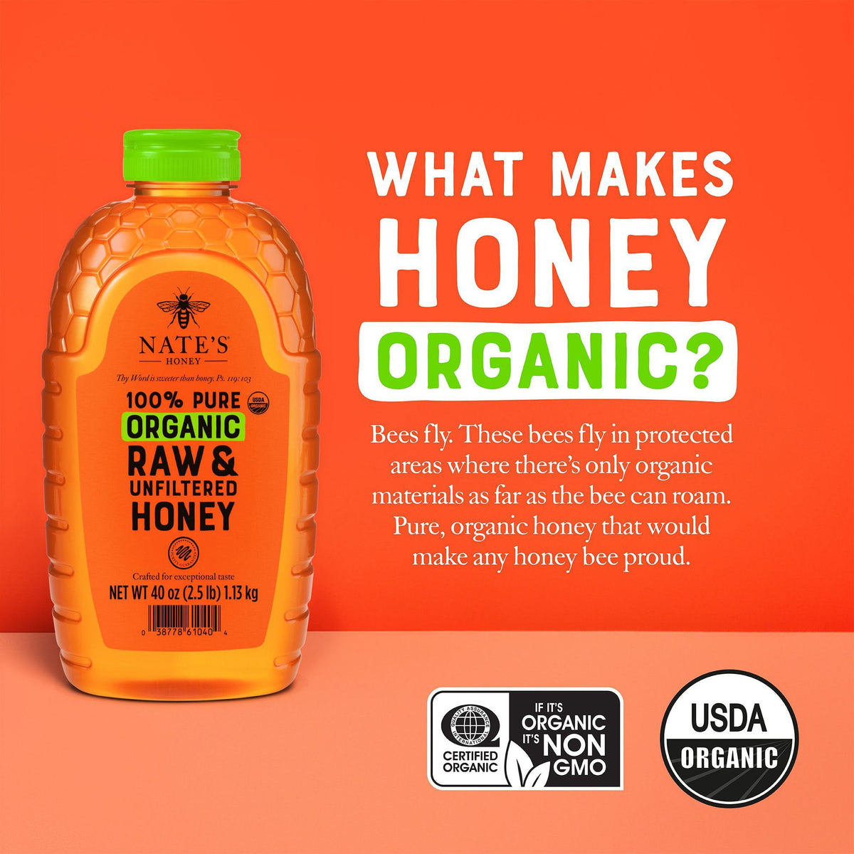Nate's Honey 100% Organic Pure Raw and Unfiltered Honey, 40 oz.