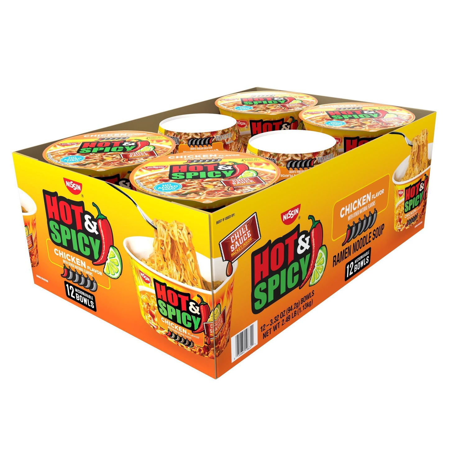Nissin Hot and Spicy Ramen Noodle Soup Bowl, Chicken Flavor, 3.32 oz., 12 pk.