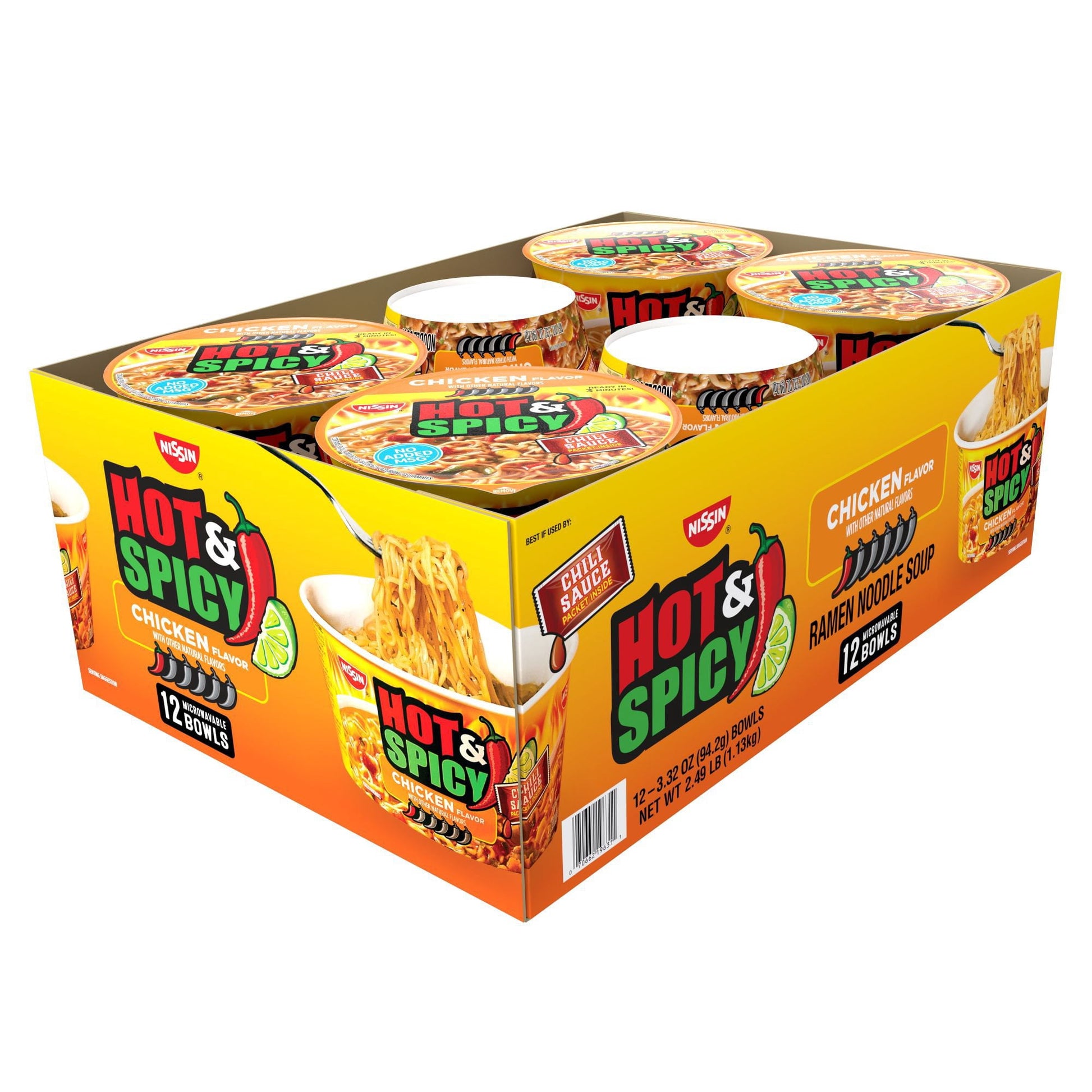 Nissin Hot and Spicy Ramen Noodle Soup Bowl, Chicken Flavor, 3.32 oz., 12 pk.