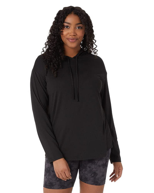 32 Degrees Women's Cool Long Sleeve Hooded T-Shirt| Moisture Wicking | 4-Way Stretch | Lounging, Black, Small