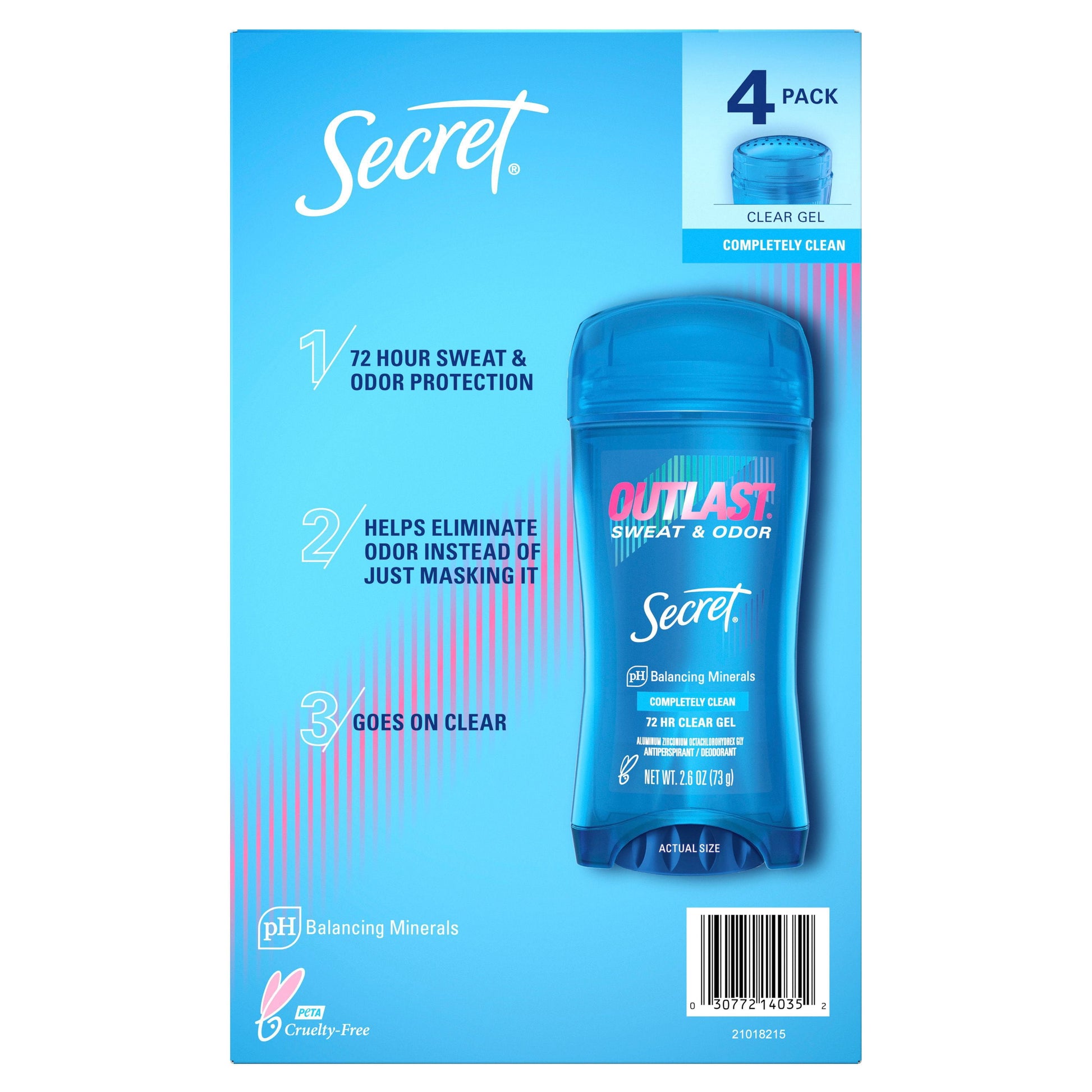 Secret Outlast Clear Gel Deodorant, Completely Clean, 2.6 oz., 4 pk.