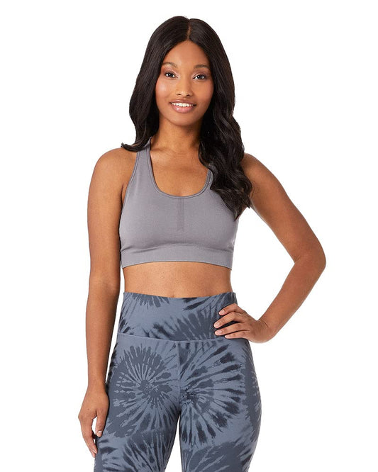 32 DEGREEES Women’s Seamless Racerback Sports Bra| Moderate Support | Full Coverage | Removable Cups, Steel Grey, Medium