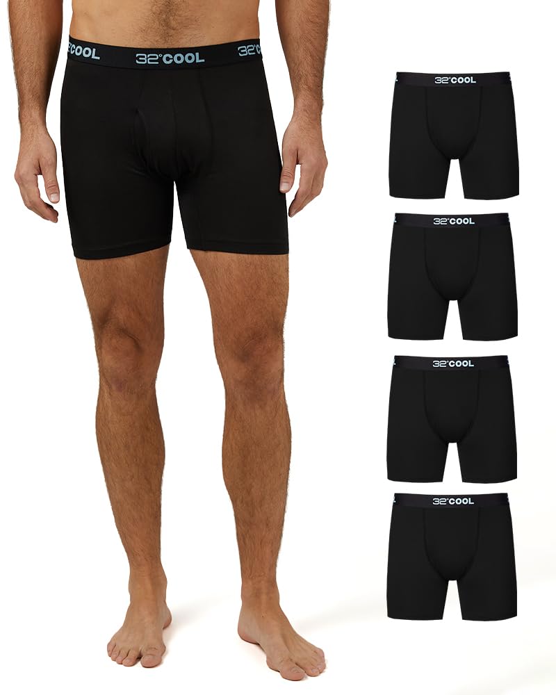 32 Degrees COOL Mens 4-PACK Quick Dry Performance Boxer Brief With Comfort Elastic Waistband, 4 Black, Small