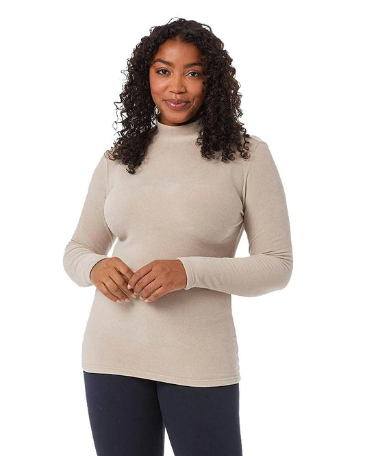 32 Degrees Heat Women’s Heavyweight Baselayer Mock Neck Long Sleeve Fleece Top, Cobblestone, Large