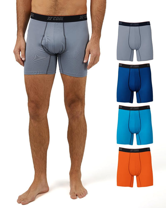 32 Degrees Men’s 4 Pack Cool Active Boxer Brief | Anti-Odor | Quick Drying | 4-Way Stretch, Emotion/Neon/Orange/Grey, Large