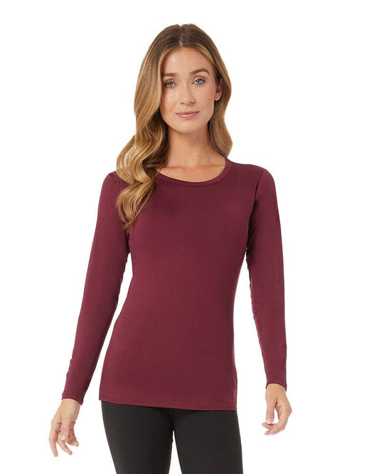 32 Degrees Women's Lightweight Baselayer Crew Top | Long Sleeve | Form Fitting | 4-Way Stretch | Thermal, Maroonish, Small