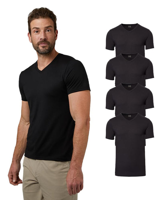 32 Degrees Mens 4 Pack Cool V-Neck T-Shirt | Anti-Odor | Quick Drying | 4-Way Stretch, Black, X-Large